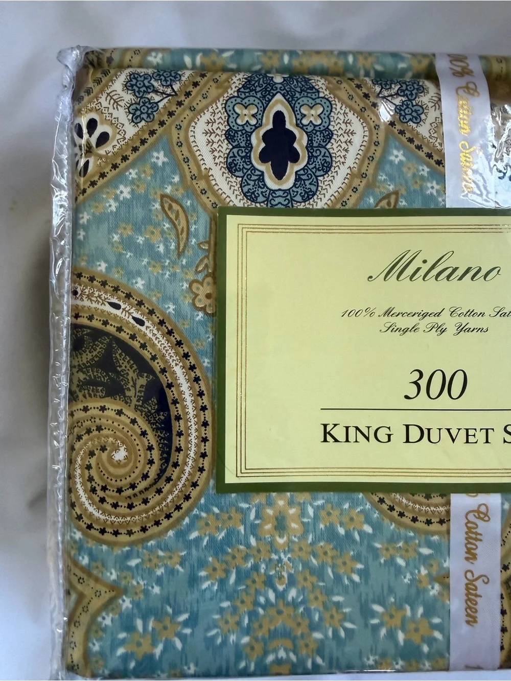 Milano King Duvet Set 3pc 300 TC 100% Cotton Sateen Blue Gold Paisley Medallion